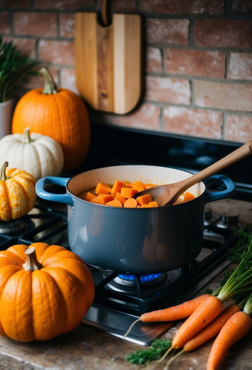 A rustic kitchen with fresh pumpkins and carrots, a pot simmering on the stove, and a wooden spoon resting on the counter