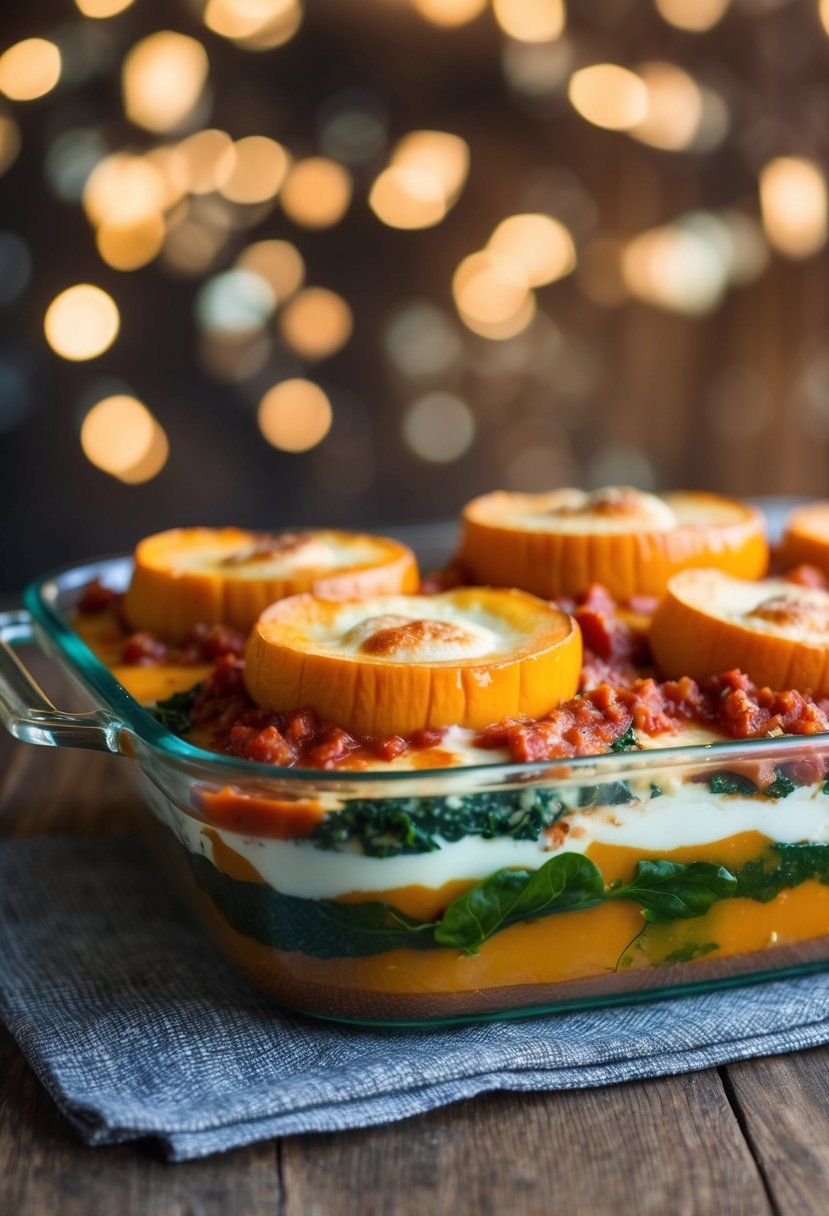 Layers of butternut squash, spinach, and dairy-free cheese fill a baking dish, topped with a rich tomato sauce