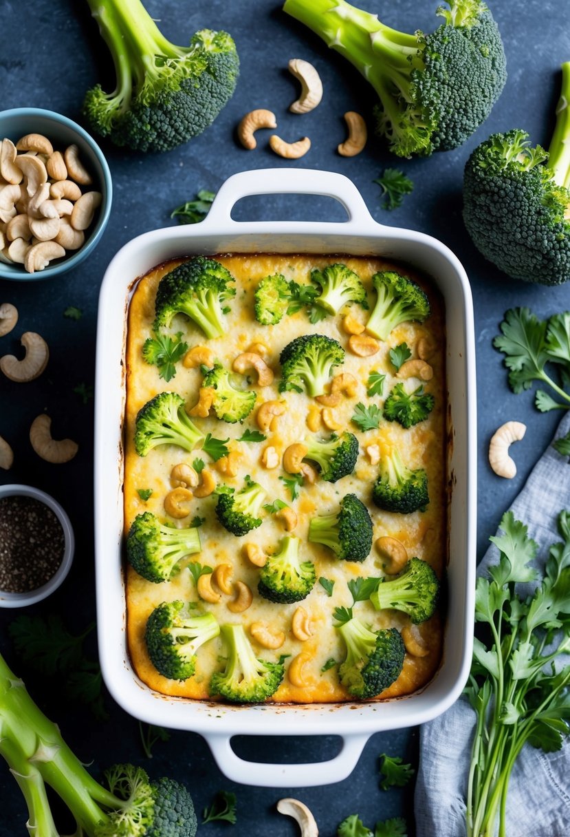 A baking dish filled with broccoli and cashew cheese bake, surrounded by fresh ingredients like broccoli, cashews, and herbs