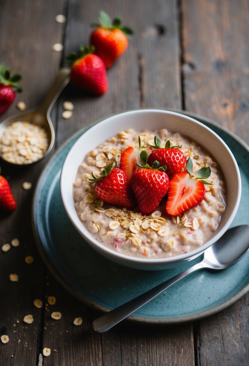 A bowl of oatmeal topped with fresh strawberries and a sprinkle of oats, set on a rustic wooden table with a spoon beside it