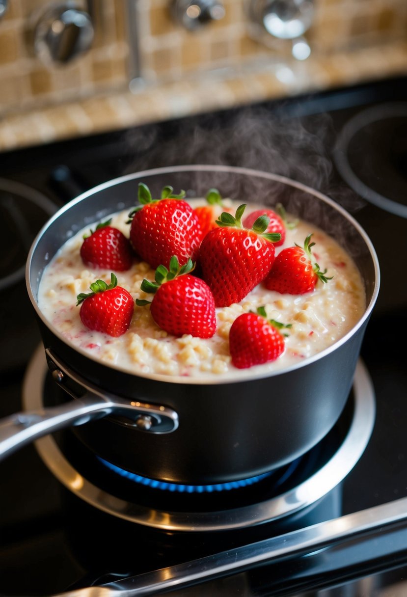 A pot of creamy oatmeal topped with fresh strawberries simmers on a classic stovetop