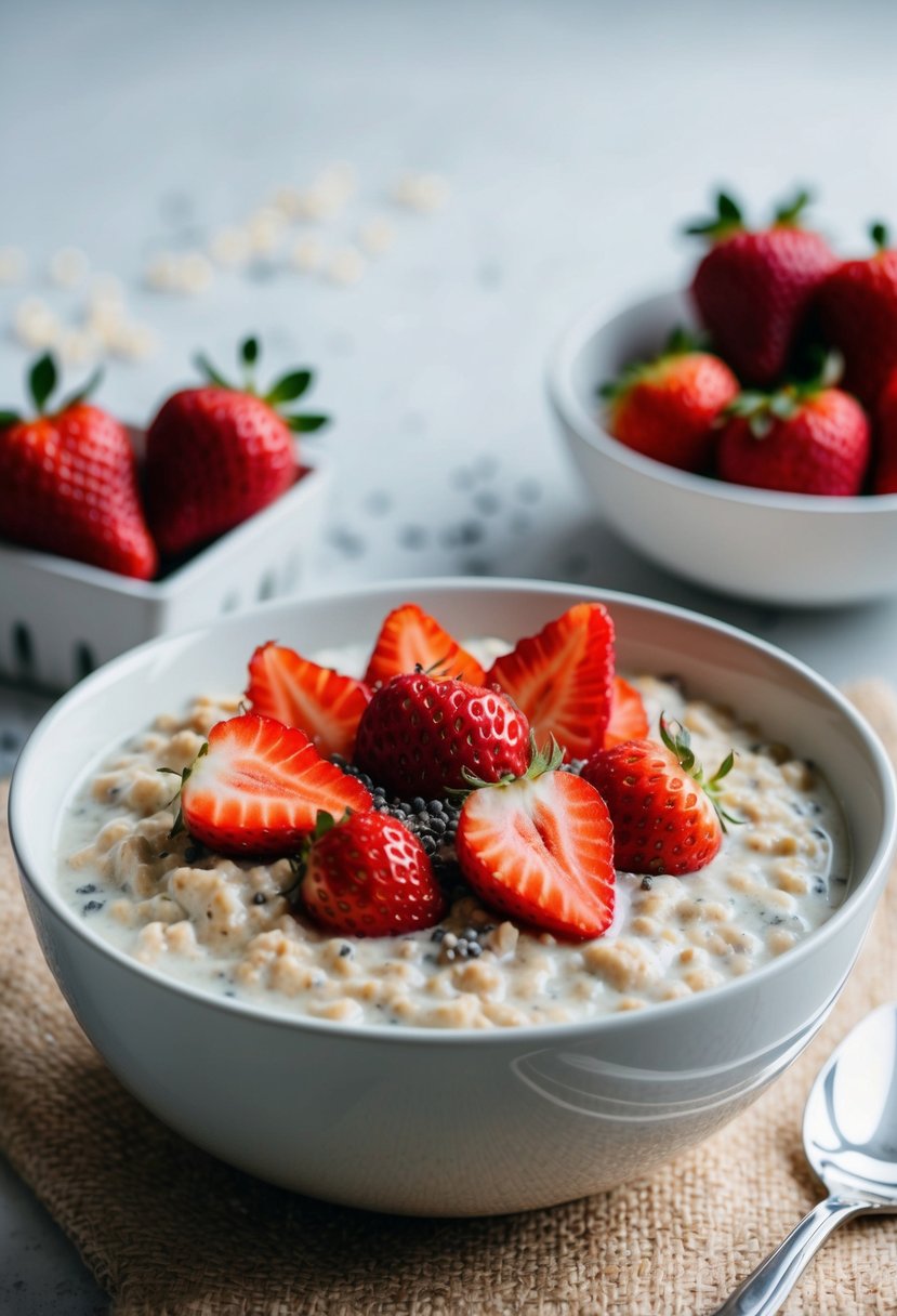 A bowl of creamy oatmeal topped with fresh strawberries and chia seeds