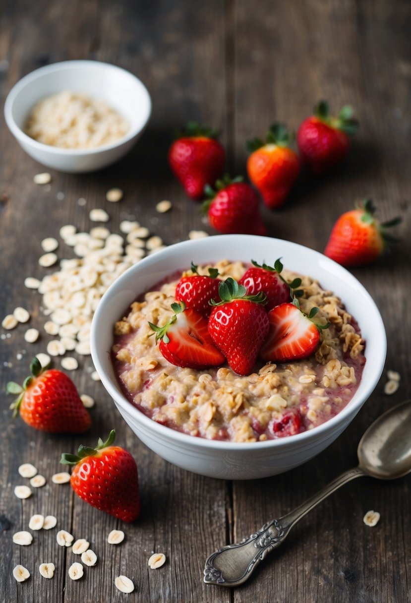 A rustic kitchen table set with a bowl of baked oatmeal topped with fresh strawberries, surrounded by scattered oats and a vintage spoon