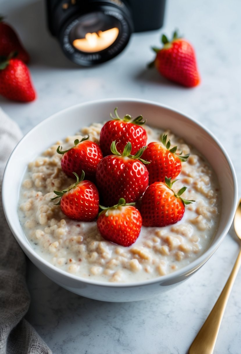 A bowl of creamy oatmeal topped with fresh strawberries