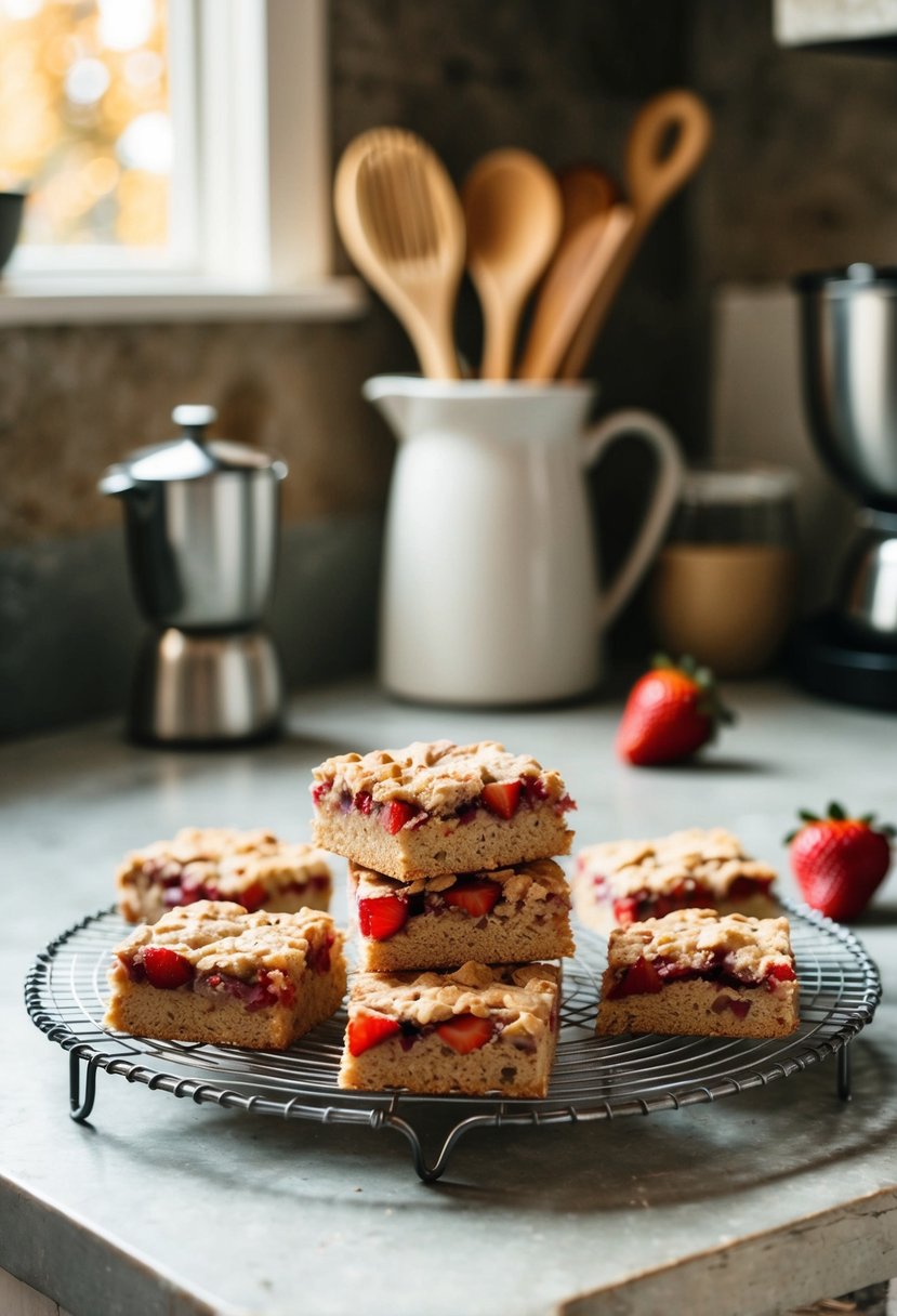 A rustic kitchen counter with a batch of freshly baked strawberry oatmeal breakfast bars cooling on a wire rack