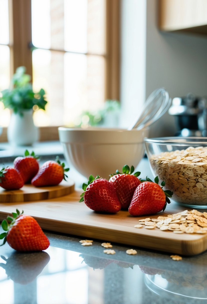 A kitchen counter with a cutting board, fresh strawberries, oats, and a mixing bowl