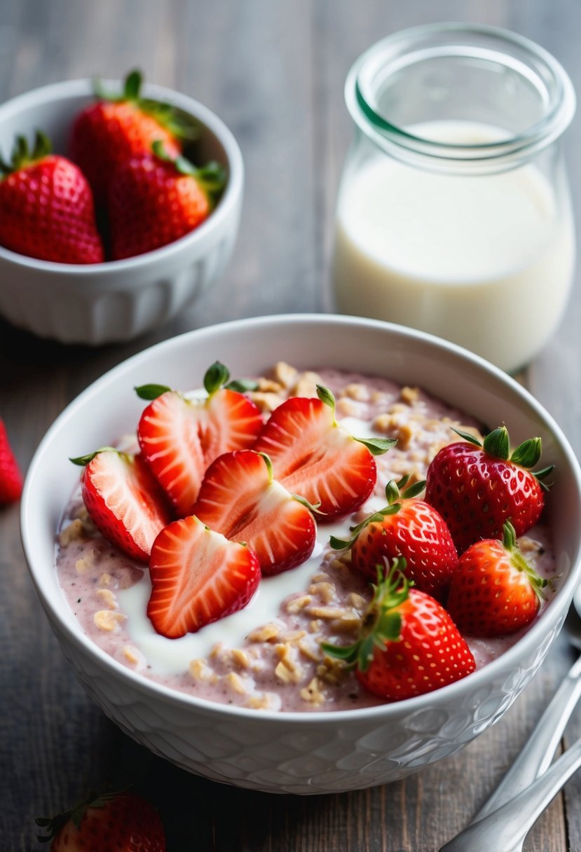 A bowl of creamy strawberry oatmeal topped with fresh sliced strawberries and a drizzle of milk