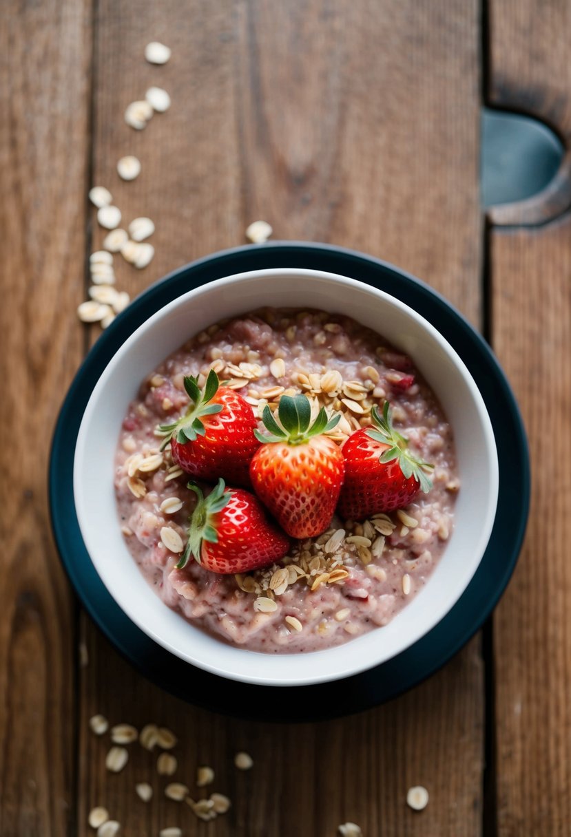 A bowl of gluten-free strawberry oatmeal topped with fresh strawberries and a sprinkle of oats, set on a wooden table