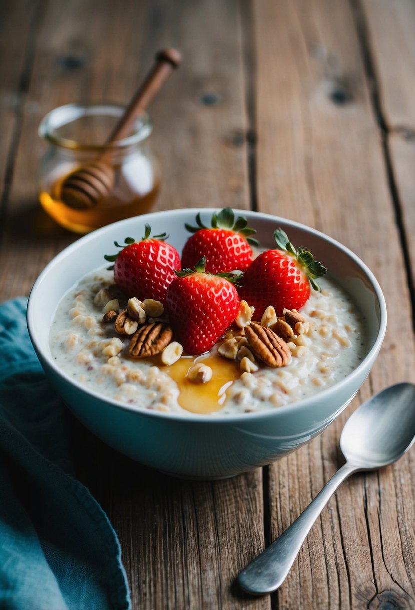 A bowl of creamy oatmeal topped with fresh strawberries, nuts, and a drizzle of honey, sitting on a rustic wooden table