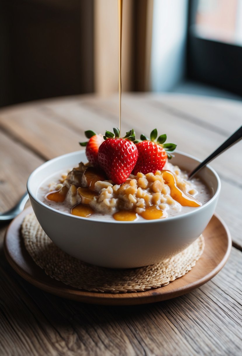 A bowl of oatmeal topped with fresh strawberries and drizzled with maple syrup on a wooden table