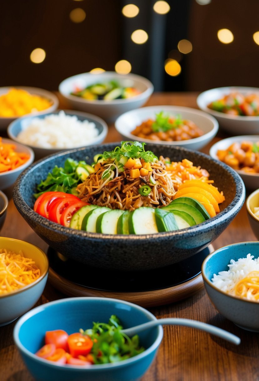 A colorful spread of bibimbap ingredients arranged around a sizzling stone bowl