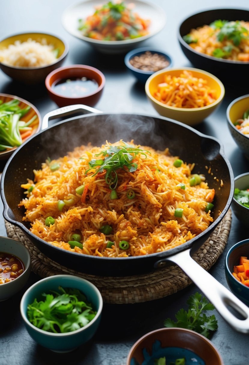 A sizzling skillet of kimchi fried rice, surrounded by colorful Korean banchan dishes