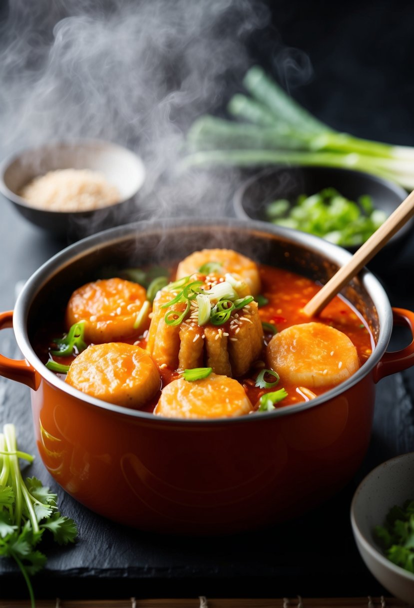 A steaming pot of tteokbokki simmering in a spicy red sauce, with chewy rice cakes and sliced scallions, garnished with sesame seeds