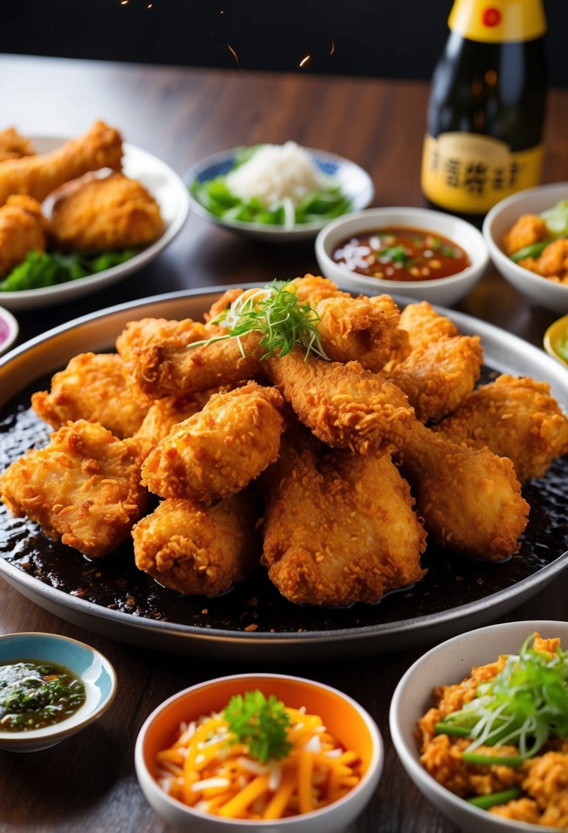 A sizzling platter of Korean Fried Chicken surrounded by colorful side dishes and garnishes