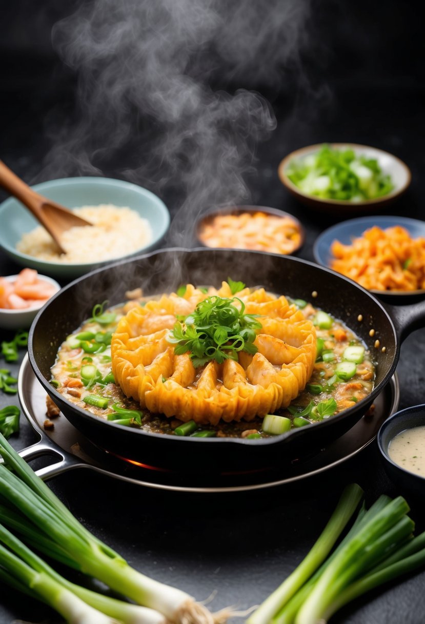 A sizzling Pajeon cooking on a hot skillet, surrounded by various ingredients like green onions, seafood, and batter