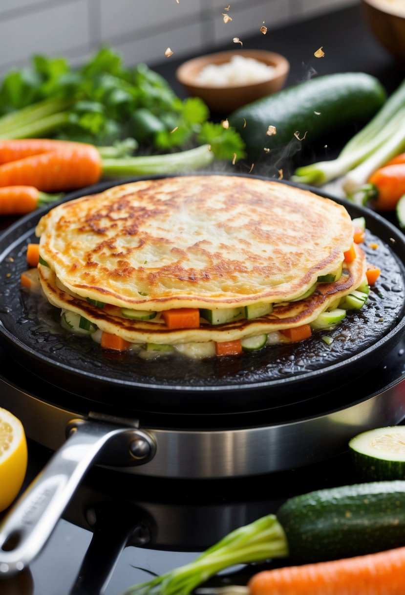 A sizzling vegetable pancake cooks on a hot griddle, surrounded by colorful and fresh ingredients like carrots, scallions, and zucchini