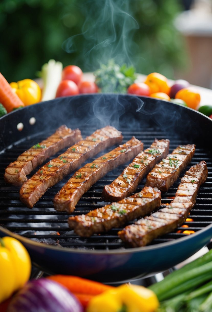 A sizzling hot grill with marinated beef strips cooking, surrounded by colorful vegetables and a variety of seasonings