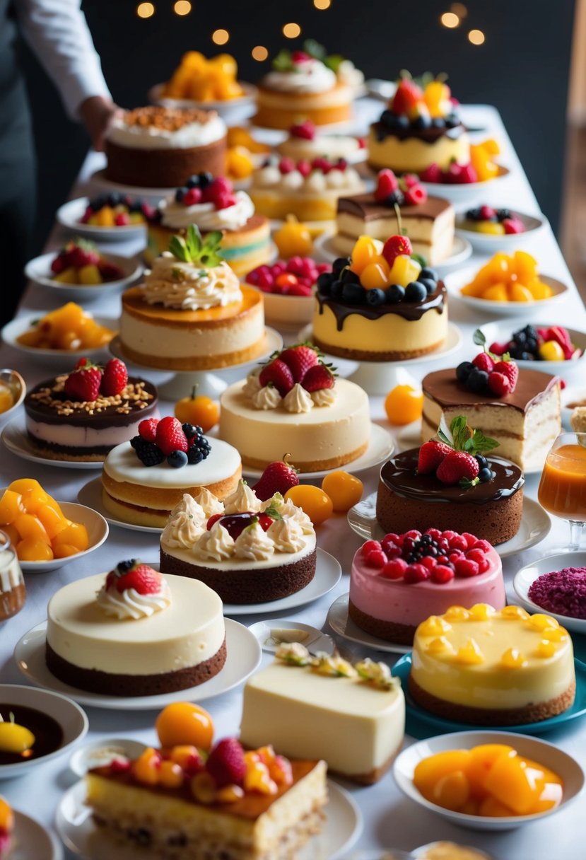 A table overflowing with colorful and tempting desserts, from creamy cakes to decadent pastries, surrounded by vibrant fruits and sweet sauces