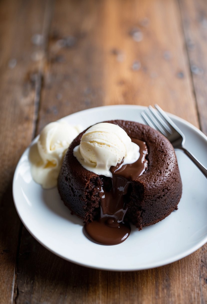 A chocolate lava cake sits on a white plate, oozing with rich, molten chocolate. A scoop of vanilla ice cream melts beside it