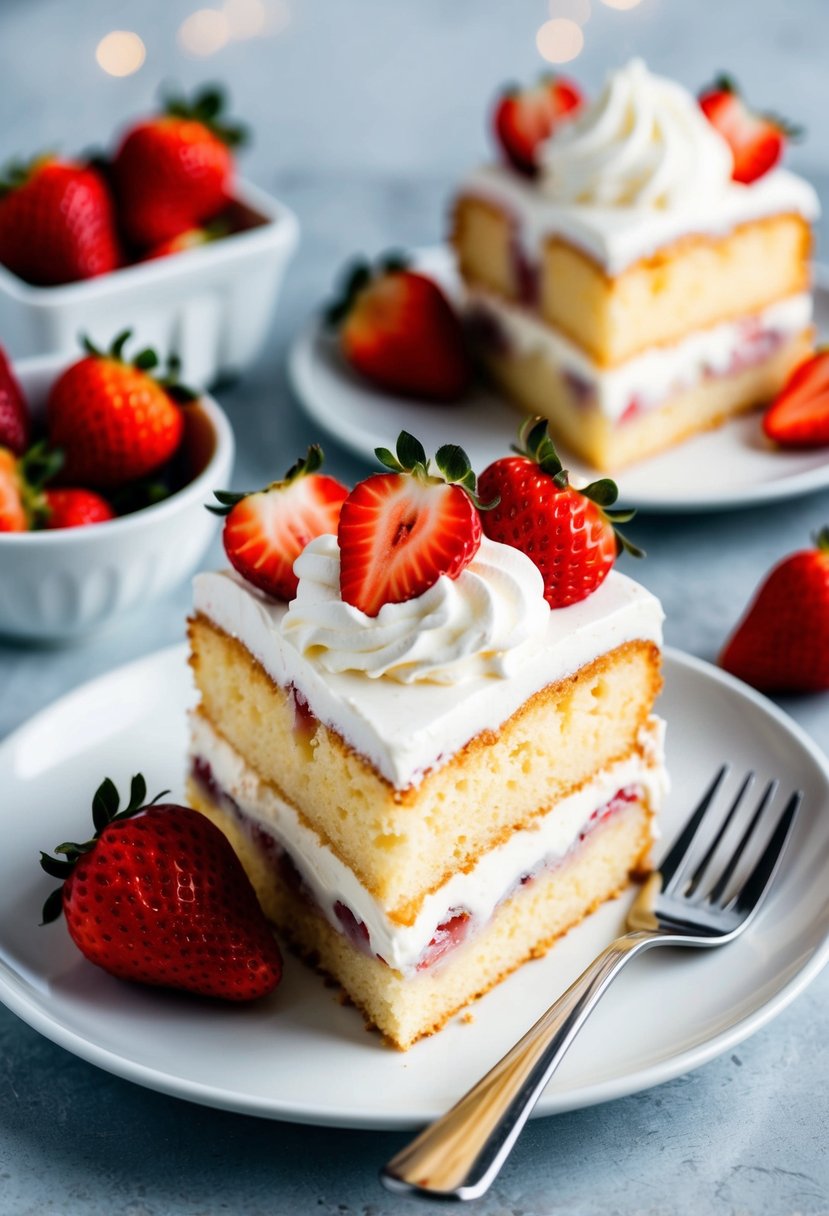 A slice of Tres Leches Cake topped with strawberries and whipped cream on a white plate