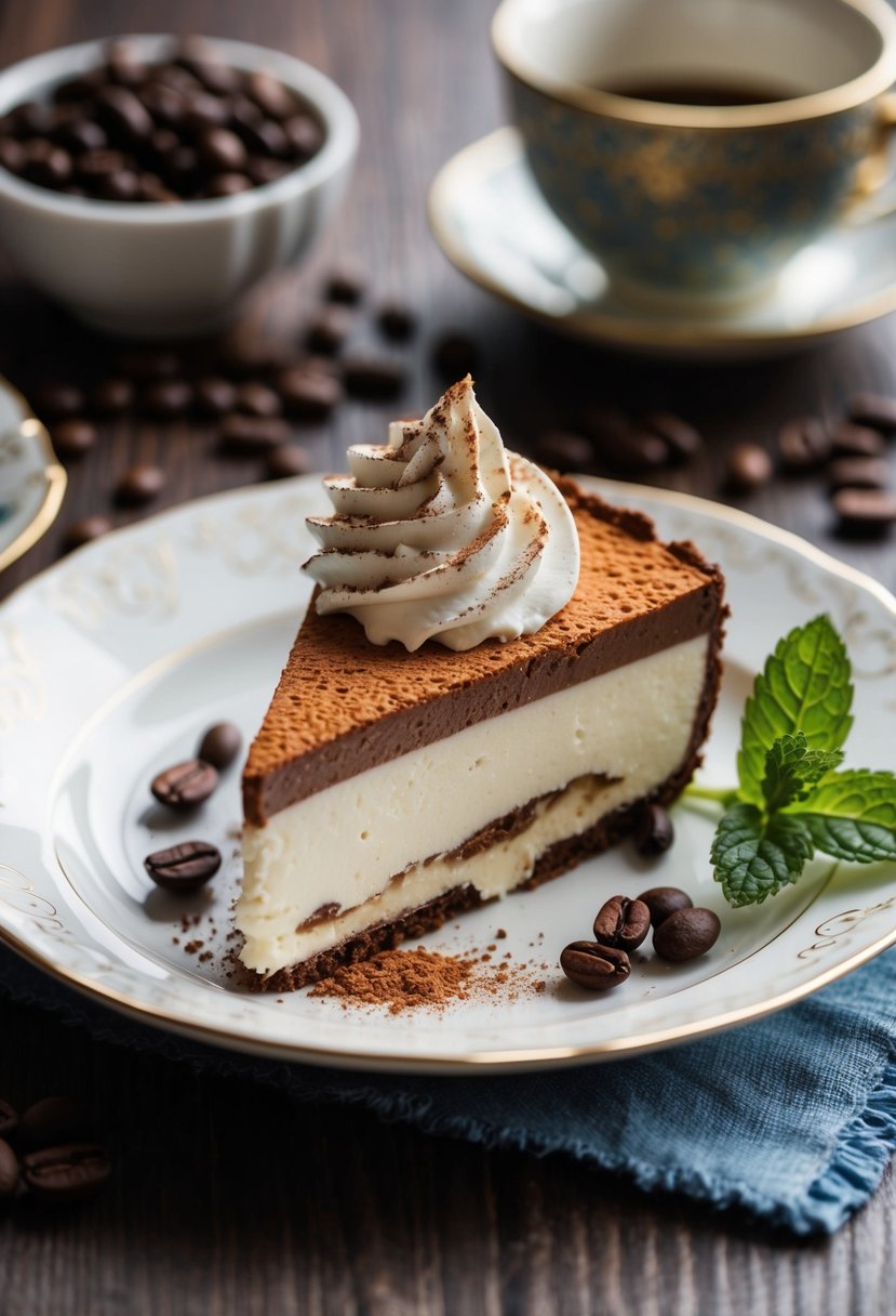 A slice of tiramisu sits on a delicate plate, topped with cocoa powder and a dollop of whipped cream, surrounded by coffee beans and a sprig of mint