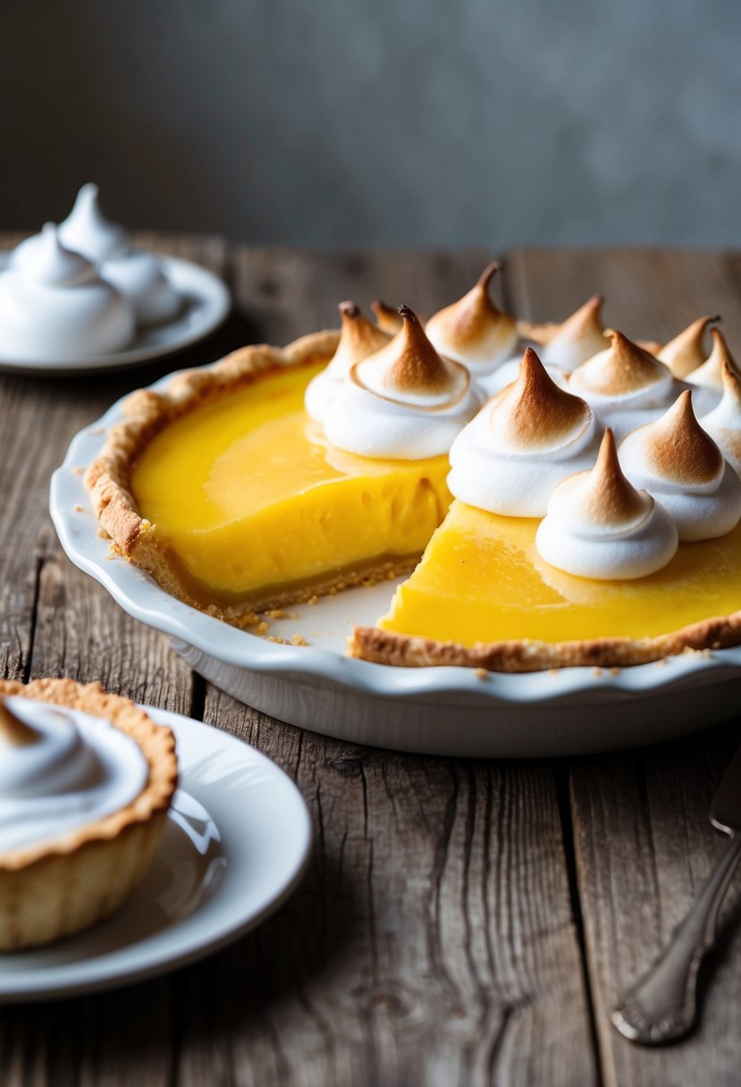 A golden-brown lemon meringue pie sits on a rustic wooden table, topped with fluffy peaks of toasted meringue