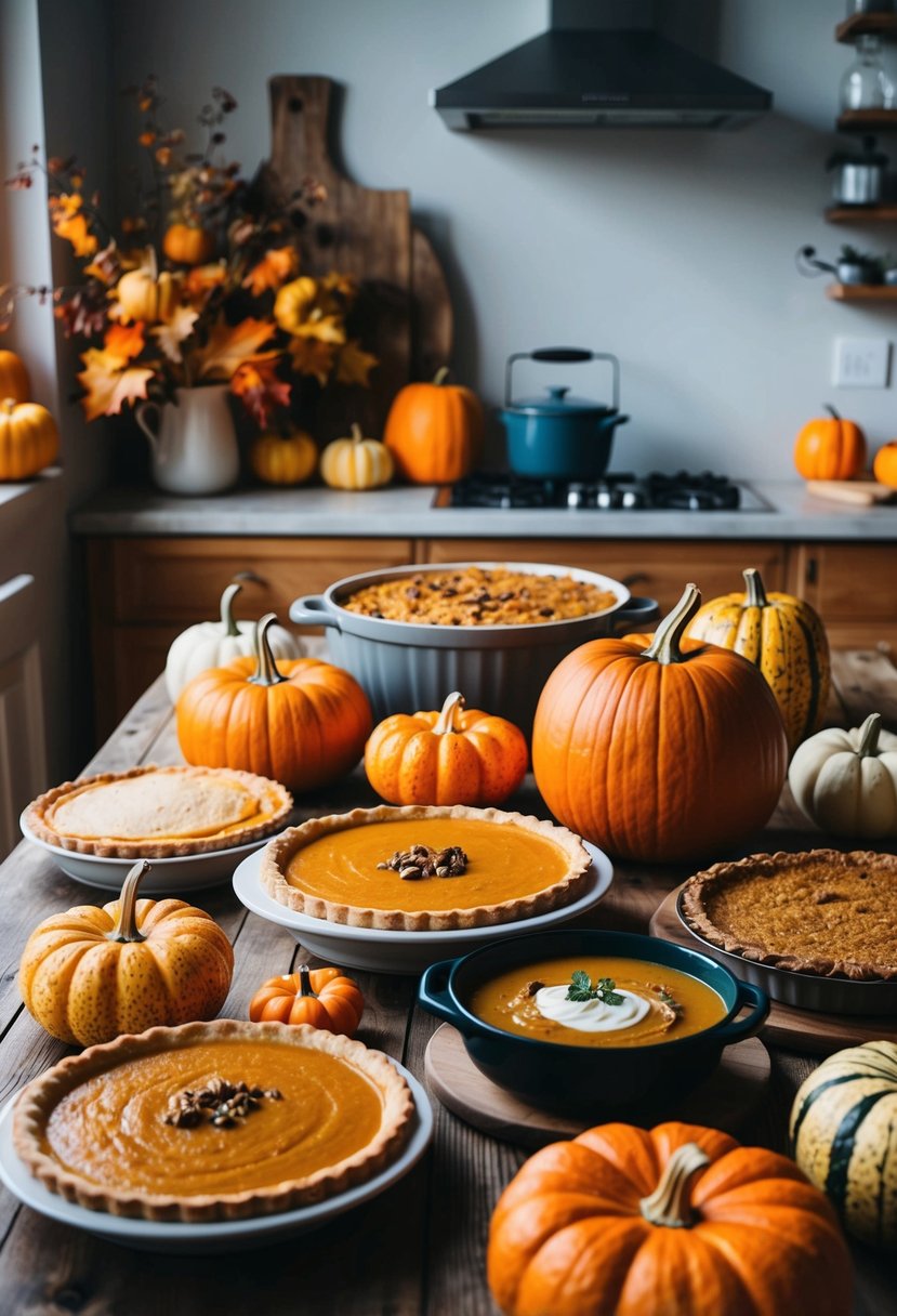 A rustic kitchen table with a variety of homemade pumpkin recipes, including pies, bread, and soup, surrounded by autumn foliage and gourds