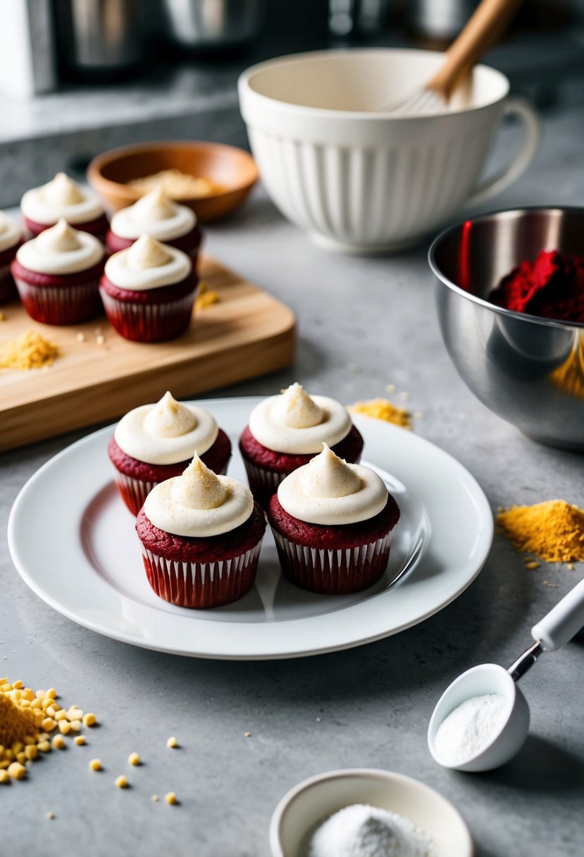 A plate of red velvet cupcakes surrounded by scattered ingredients and a mixing bowl on a kitchen counter