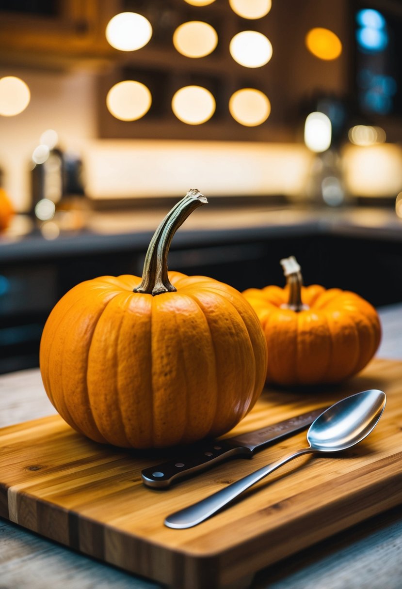 A wooden cutting board with a fresh pumpkin, a knife, and a spoon