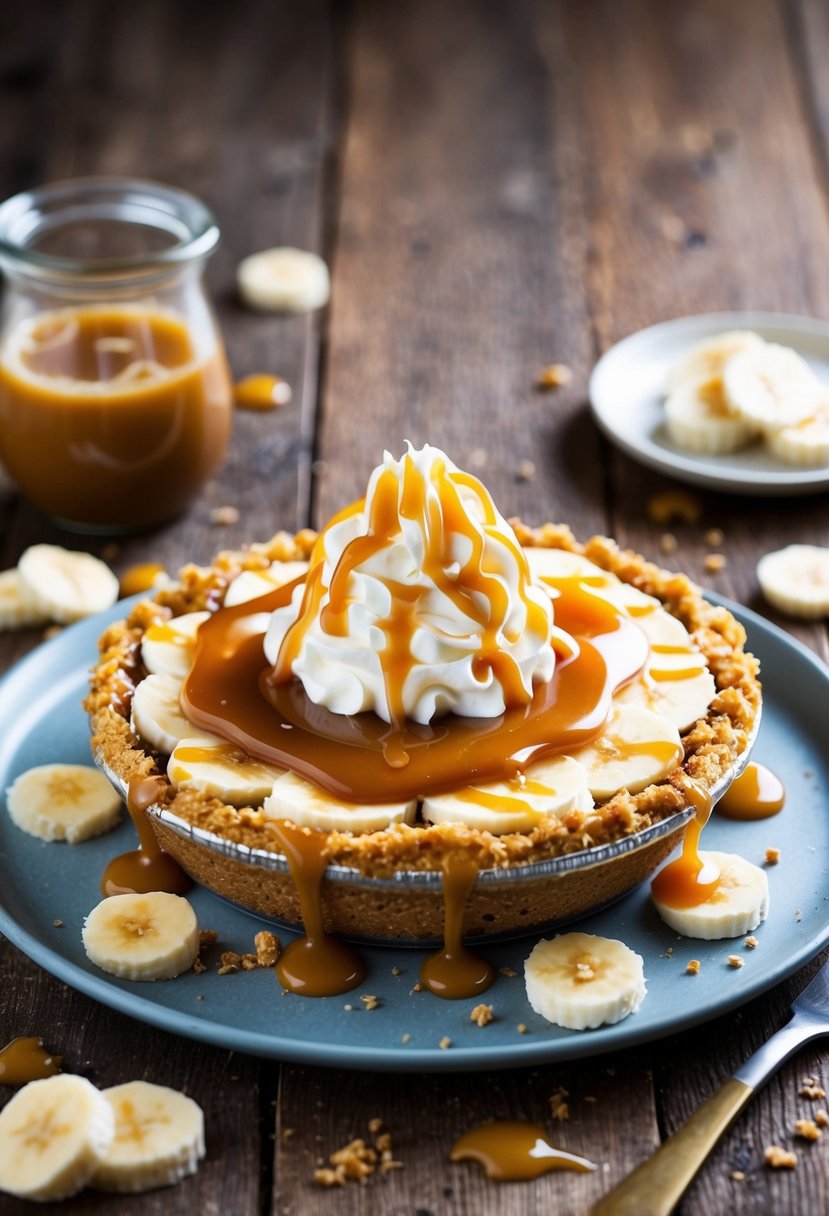 A Banoffee Pie sits on a rustic wooden table, topped with whipped cream and drizzled with caramel sauce, surrounded by scattered banana slices and a crumbly biscuit base