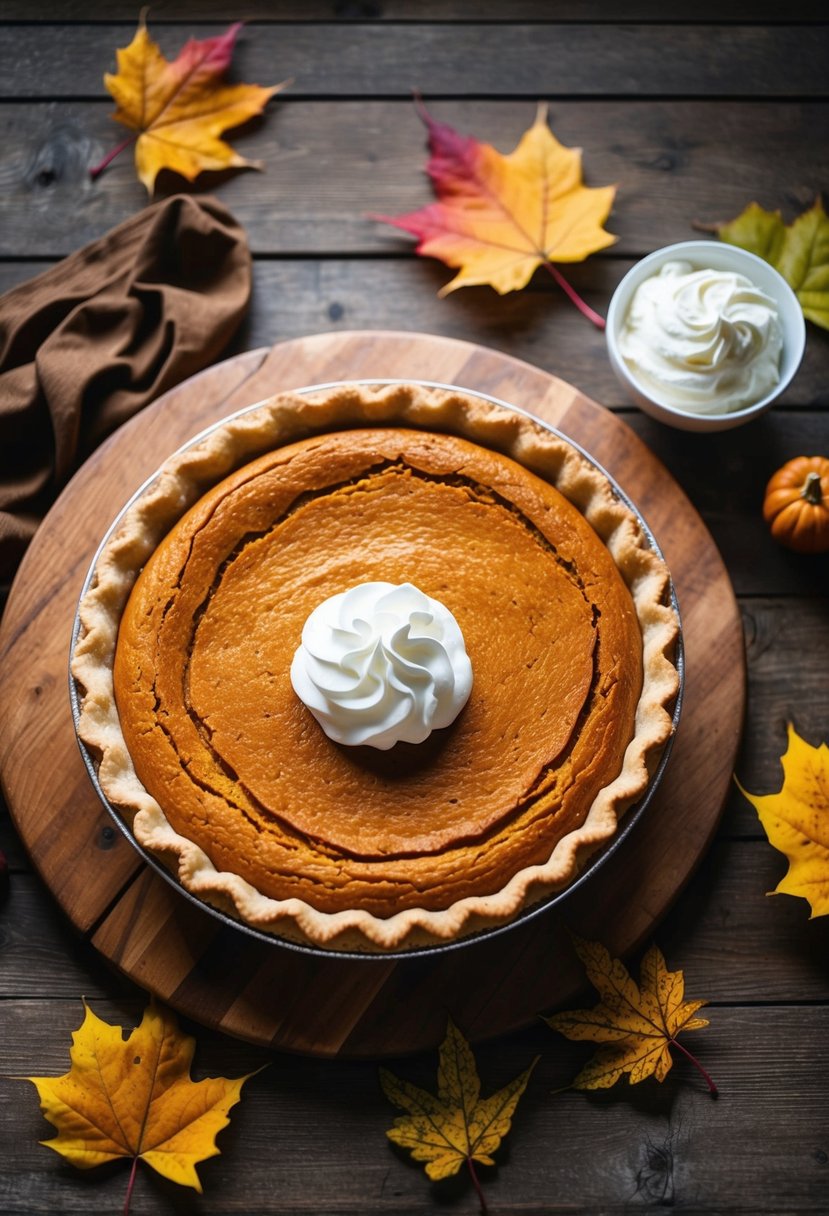 A golden-brown pumpkin pie cooling on a rustic wooden table, surrounded by autumn leaves and a dollop of whipped cream