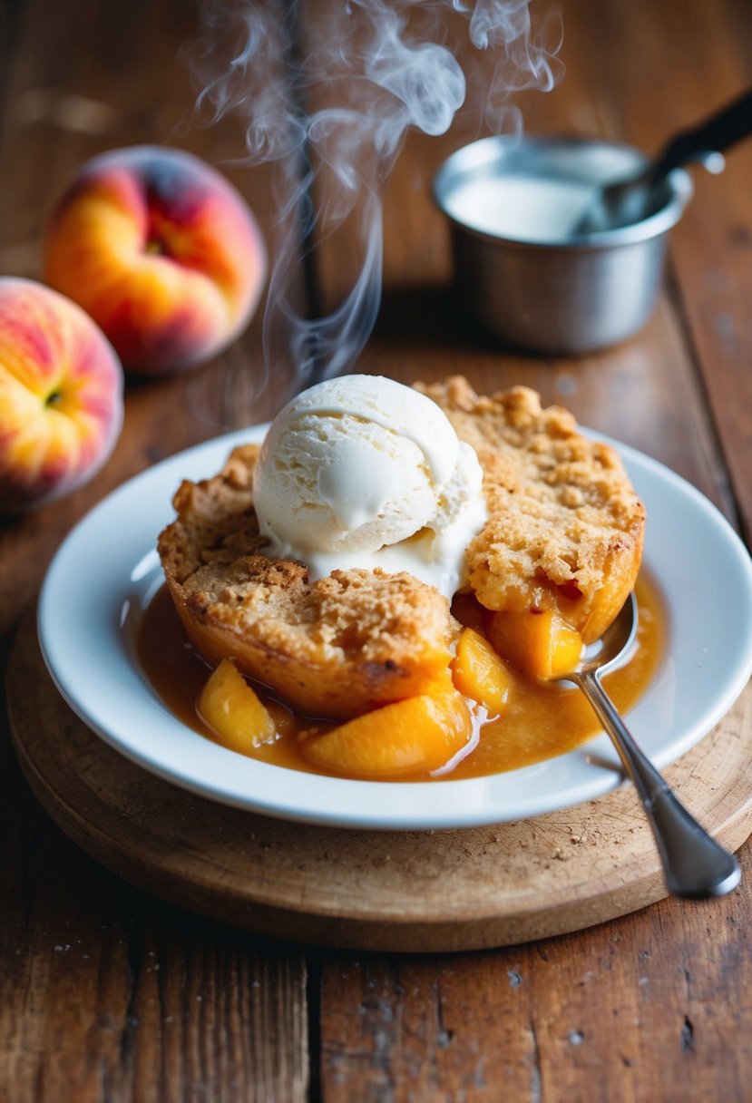 A steaming peach cobbler with a golden, crumbly crust, topped with a scoop of melting vanilla ice cream on a rustic wooden table