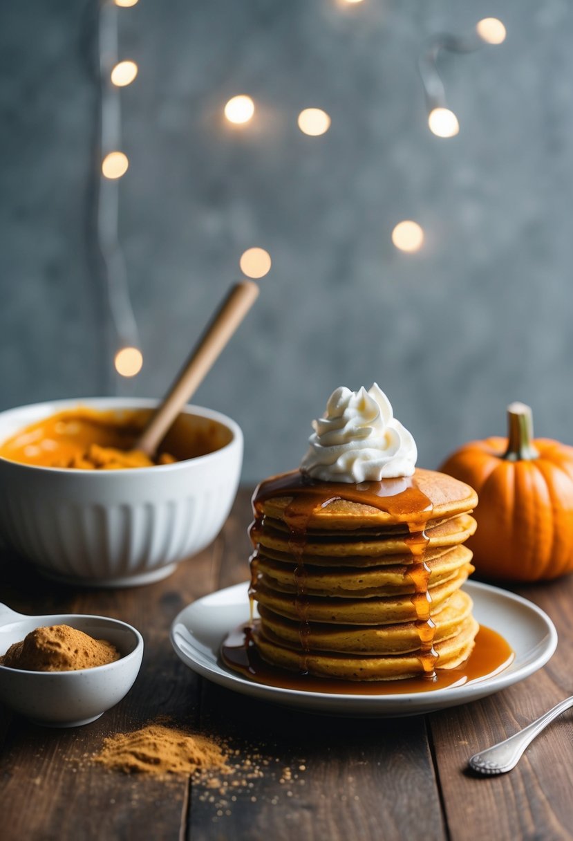 A stack of spiced pumpkin pancakes topped with syrup and a dollop of whipped cream next to a bowl of homemade pumpkin batter and a scattering of cinnamon and nutmeg