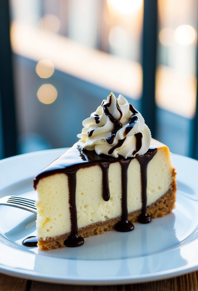 A slice of Irish Cream Cheesecake sits on a white plate, topped with a dollop of whipped cream and drizzled with chocolate sauce