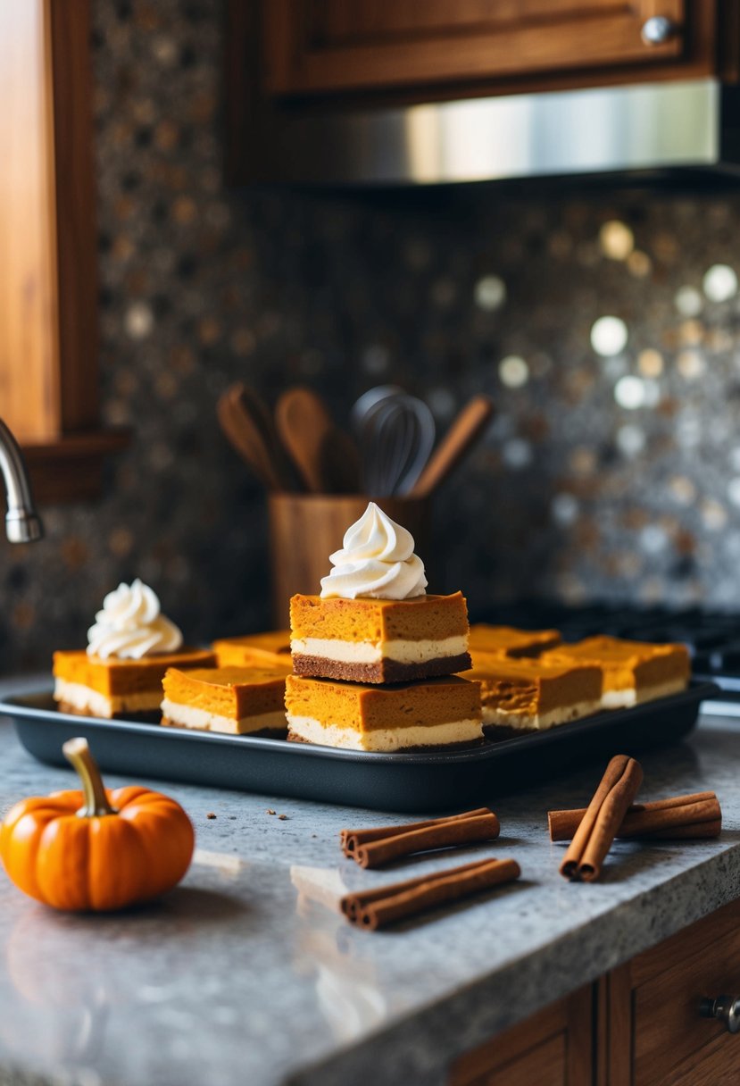 A rustic kitchen counter with a tray of pumpkin cheesecake bars, surrounded by scattered cinnamon sticks and a dollop of whipped cream