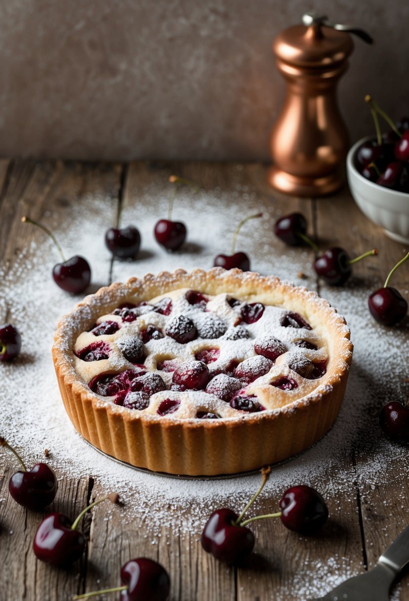 A rustic kitchen table set with a freshly baked cherry clafoutis, surrounded by scattered cherry pits and a dusting of powdered sugar