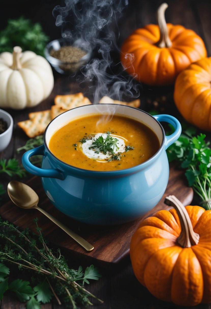 A steaming pot of savory pumpkin soup surrounded by fresh herbs and spices