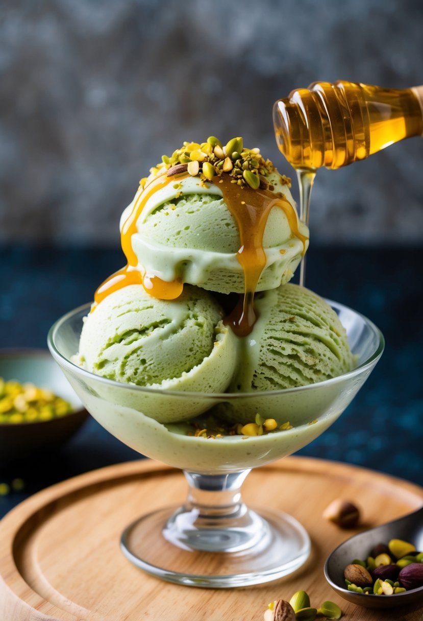 A scoop of matcha green tea ice cream topped with a drizzle of honey and a sprinkle of crushed pistachios, served in a glass dessert dish