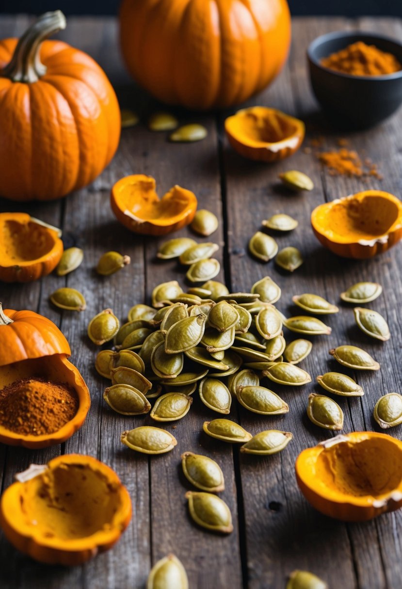 A rustic wooden table with scattered roasted pumpkin seeds, surrounded by pumpkin shells and a small pile of spices