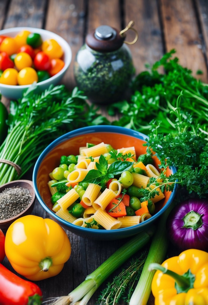 A colorful array of fresh vegetables, gluten-free pasta, and aromatic herbs on a rustic wooden table