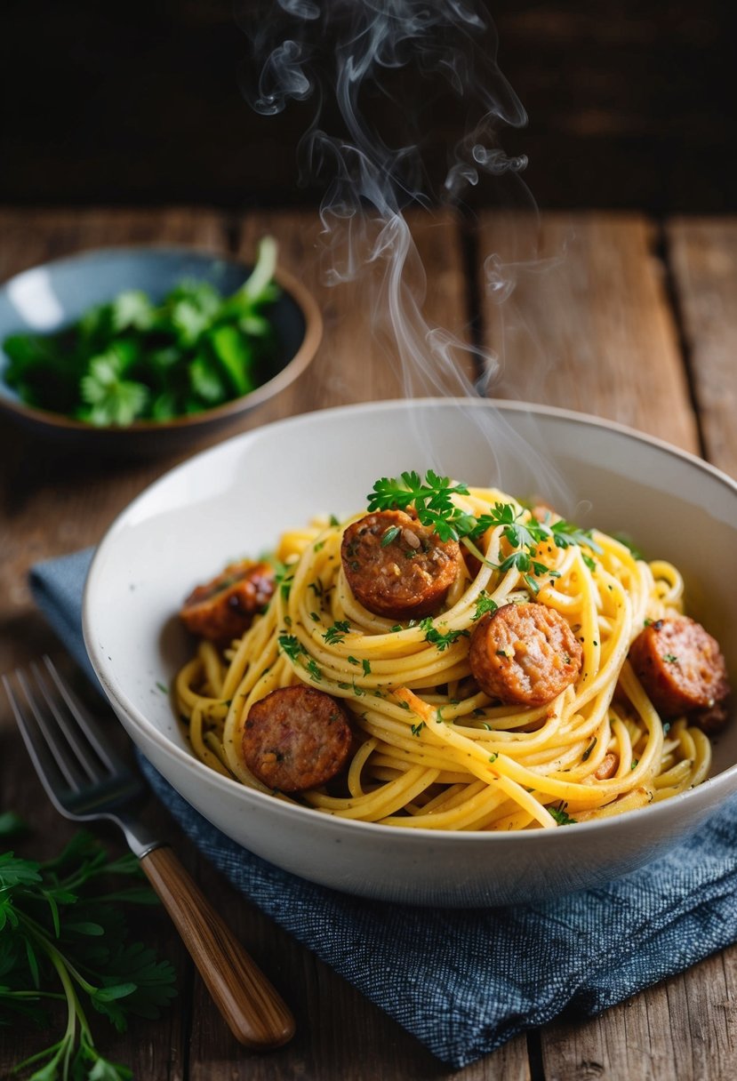 A steaming bowl of gluten-free pasta with spicy sausage, garnished with fresh herbs, sits on a rustic wooden table