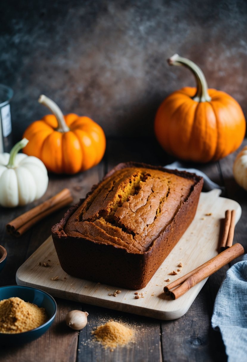 A rustic kitchen counter with a freshly baked loaf of pumpkin bread, surrounded by ingredients like pumpkins, cinnamon, and nutmeg