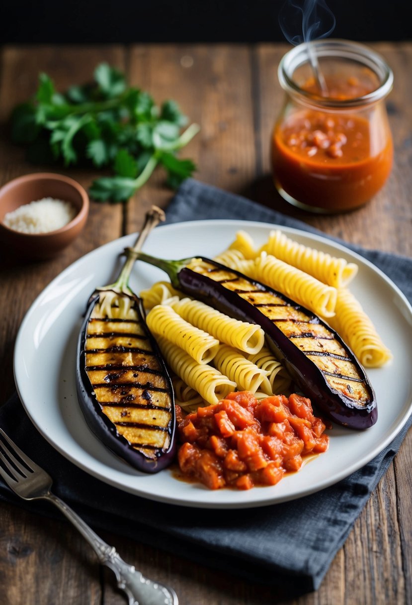 Grilled eggplant and pasta on a plate with smoky tomato sauce