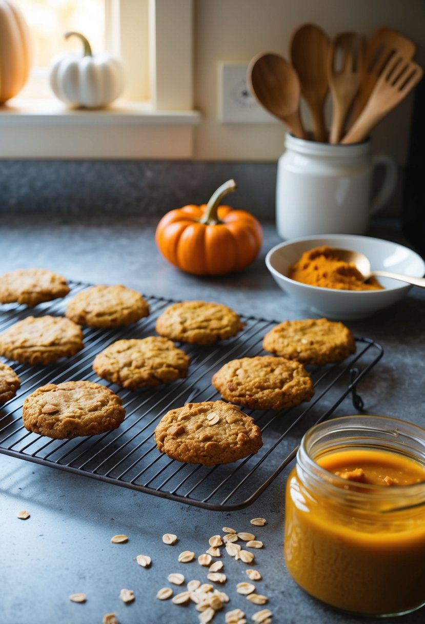 A rustic kitchen counter with a baking sheet of golden-brown pumpkin oatmeal cookies cooling next to a jar of homemade pumpkin puree