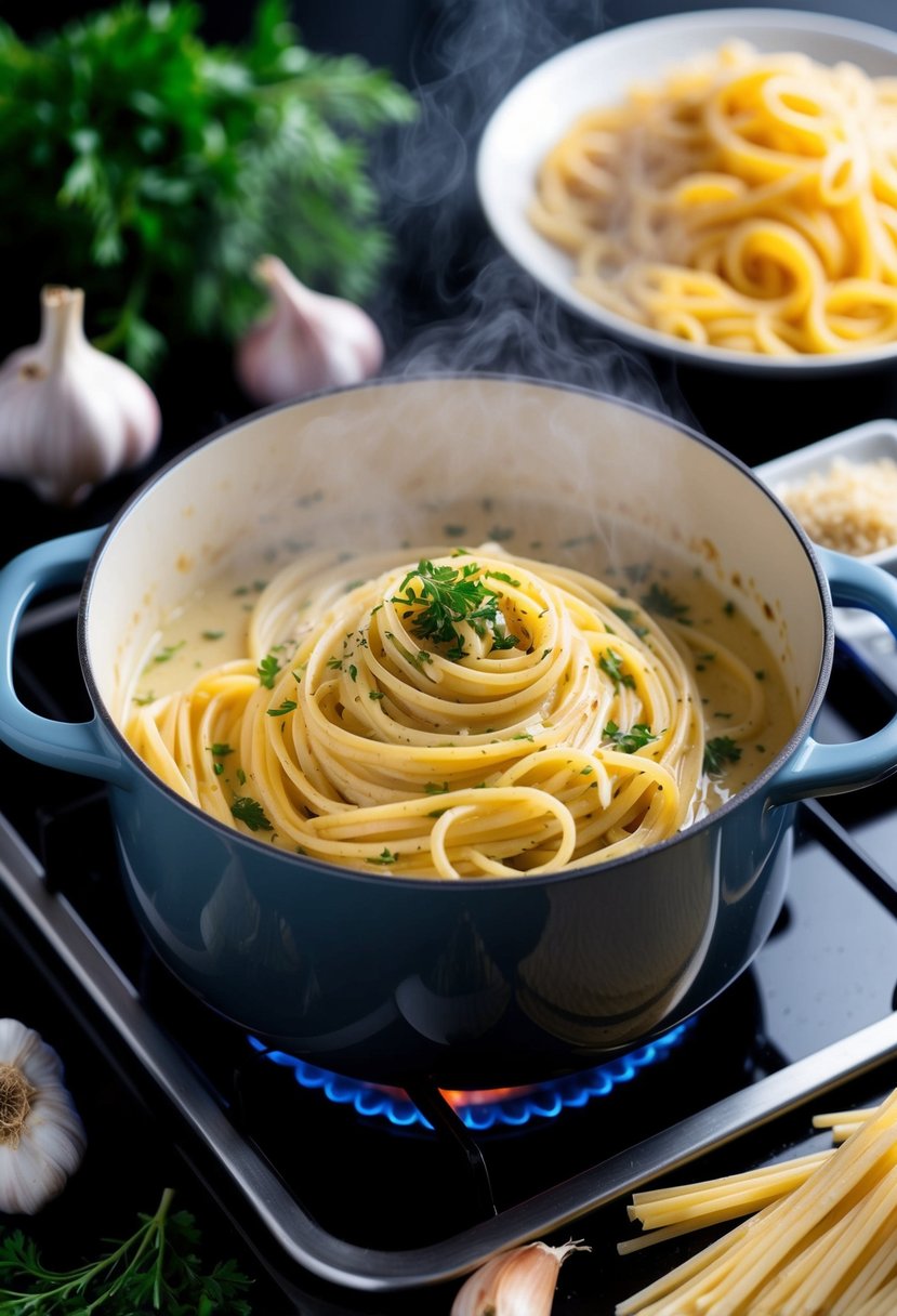 A steaming pot of creamy garlic pasta simmering on a stove, surrounded by fresh ingredients like herbs, garlic cloves, and gluten-free pasta