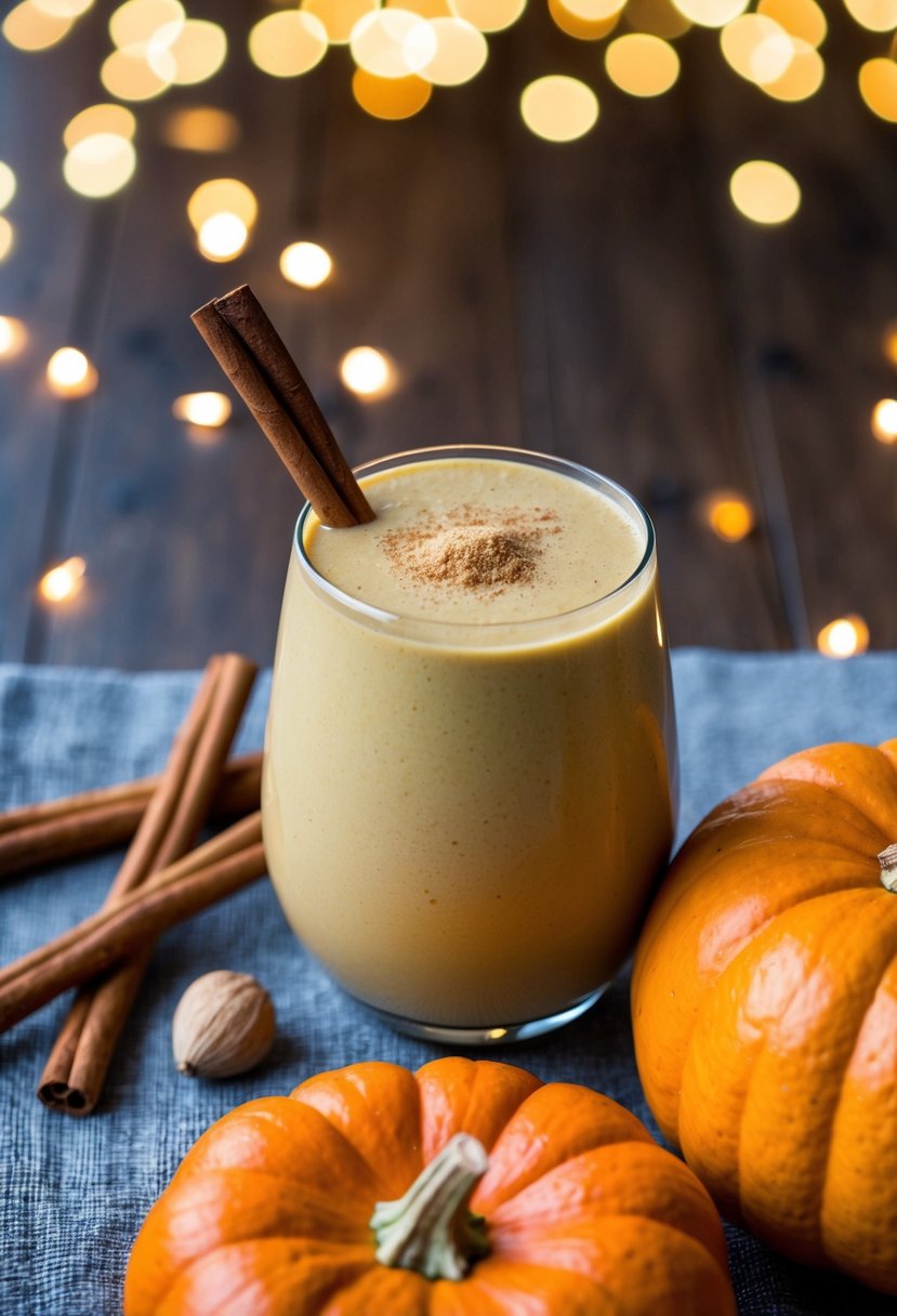 A pumpkin spice smoothie surrounded by cinnamon sticks, nutmeg, and a freshly carved pumpkin