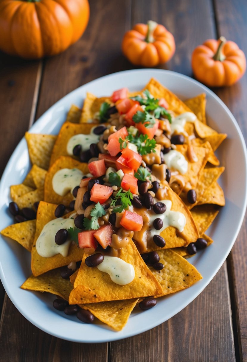 A wooden table set with a platter of golden-brown pumpkin nachos topped with melted cheese, black beans, and diced tomatoes