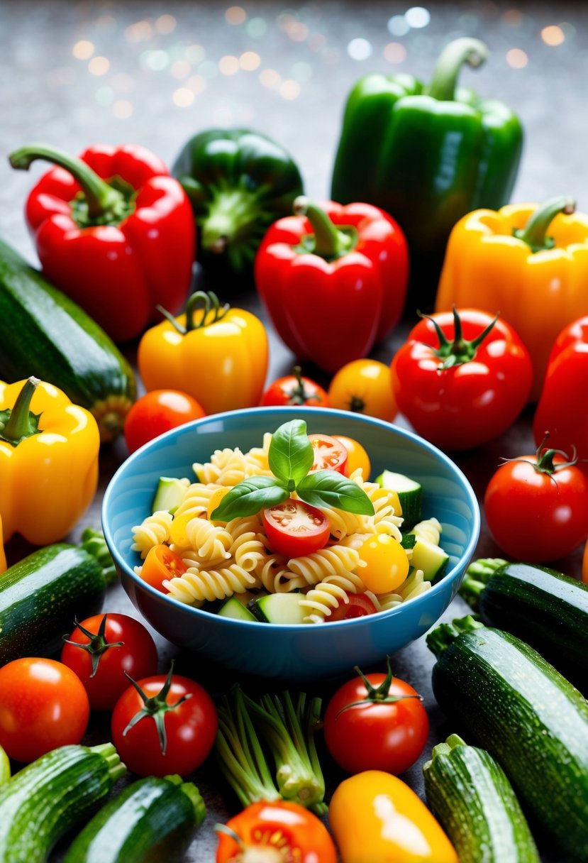 A colorful array of fresh vegetables, such as bell peppers, zucchini, and cherry tomatoes, arranged around a bowl of gluten-free pasta