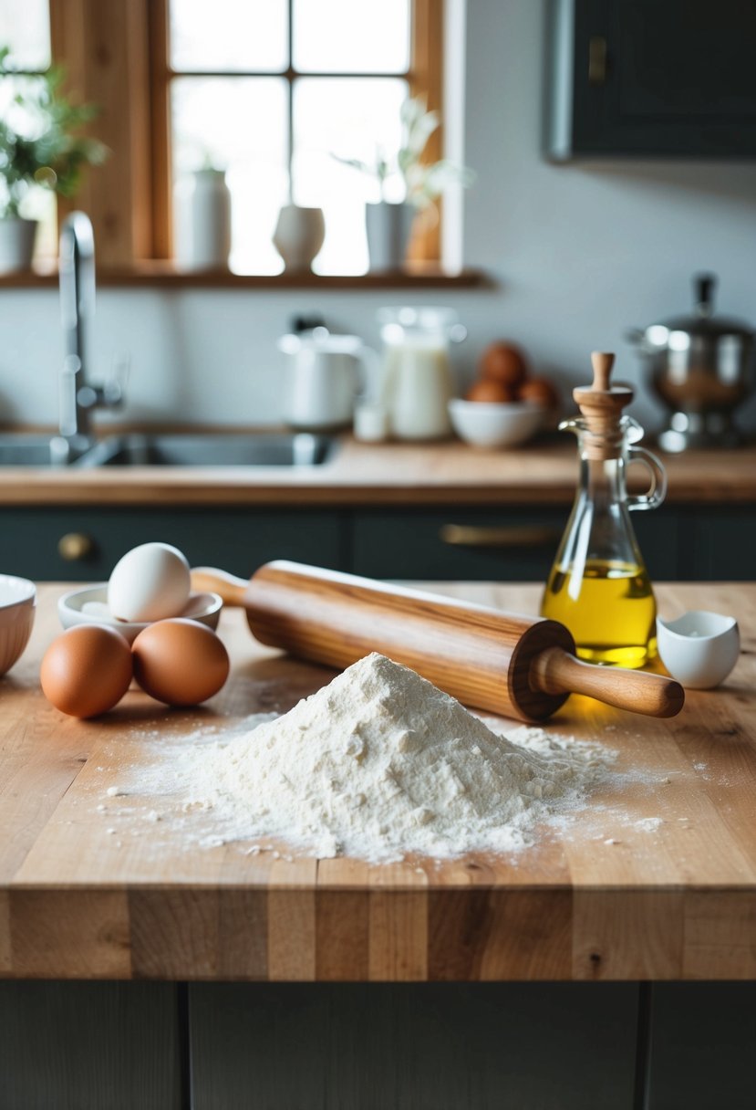 A rustic kitchen with a wooden countertop, a rolling pin, and a mound of gluten-free flour, eggs, and olive oil