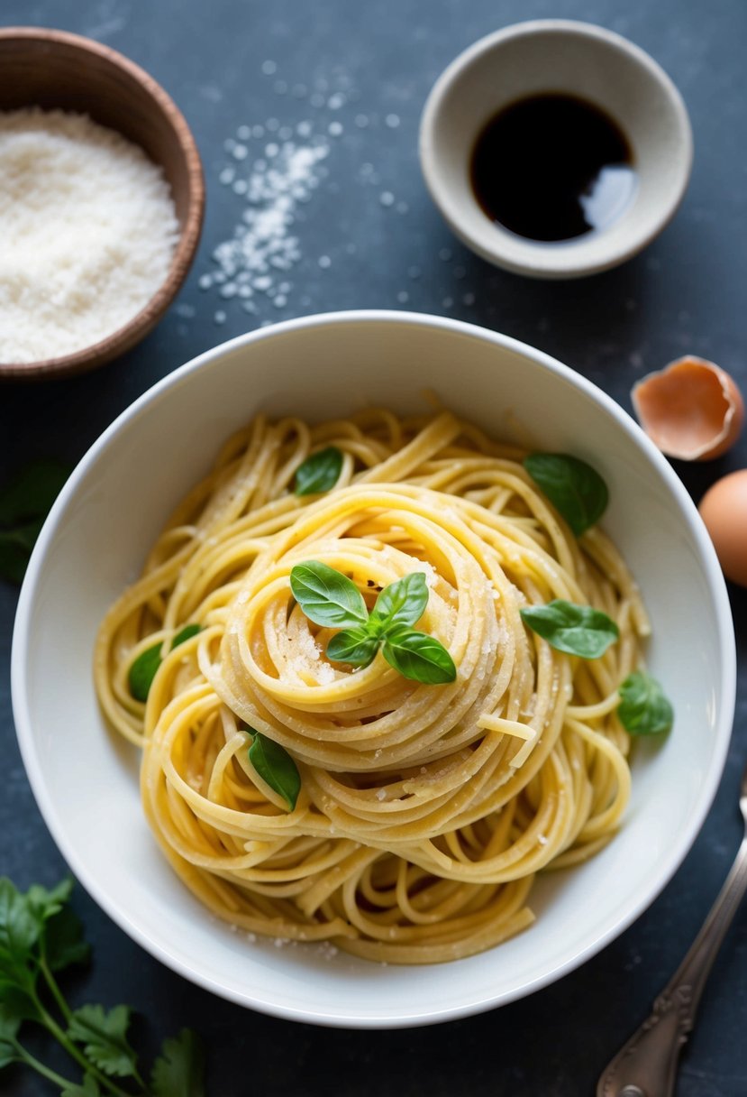 A bowl of gluten-free pasta with four ingredients: rice flour, eggs, water, and salt